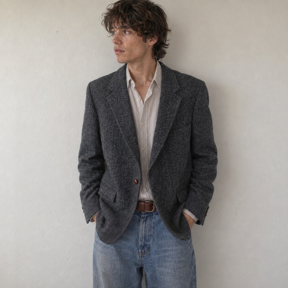 Vintage Harris Tweed Men Blazer XL Gray Herringbone Scottish Wool Academic
